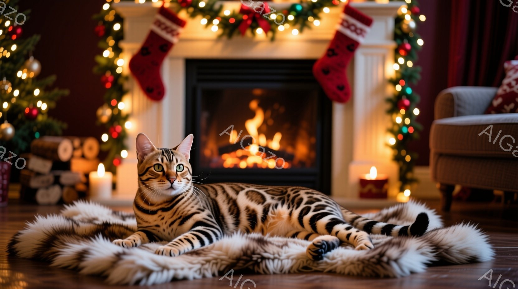 明るいリビングルームには、毛皮のような敷物の上でリラックスしたベンガル猫がいます。暖炉は温かい光を放っており、クリスマスツリーとストッキングが飾られています。部屋全体が温かく、居心地の良いクリスマスの雰囲気に包まれています。
