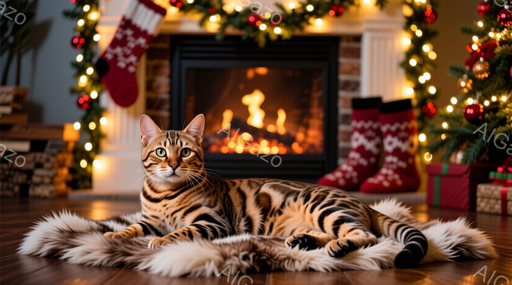 暖炉の前で、美しい斑模様の猫がふわふわの白い敷物の上でくつろいでいます。猫はリラックスした表情でカメラを見つめ、その毛並みは暖炉の光を受けて輝いています。背景には、クリスマスツリーとカラフルな装飾が飾 - AI生成フリー素材