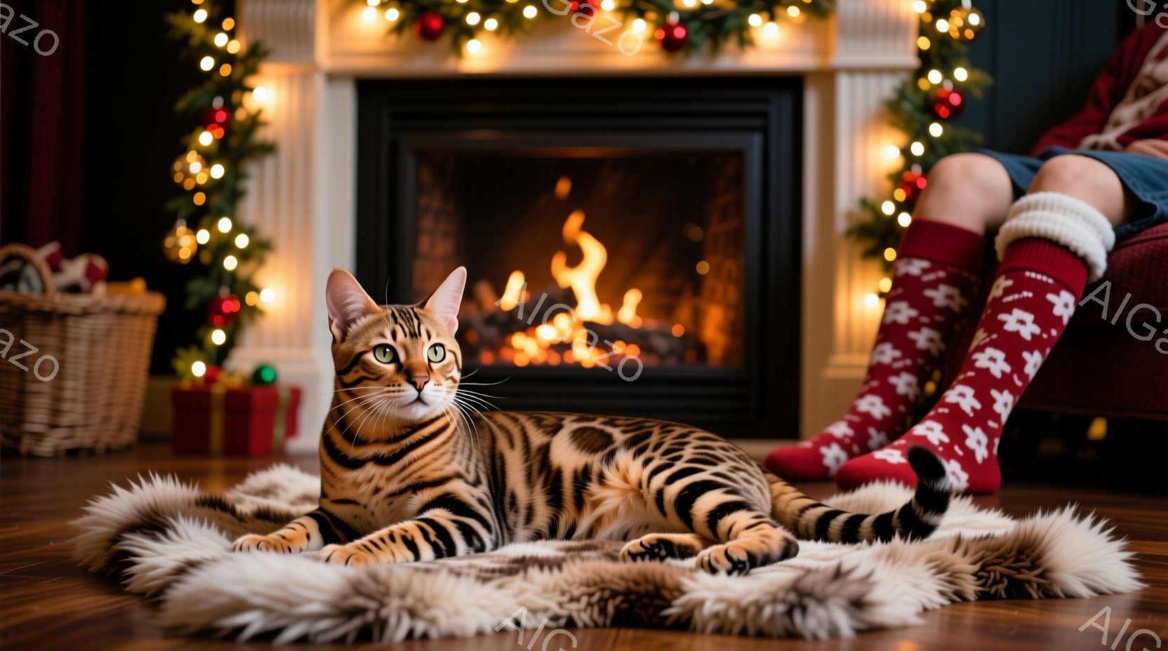 暖炉の前に敷かれた白い毛布の上で、ベンガル猫がリラックスして横たわっています。足元には赤いクリスマス柄の靴下を履いた人が座っており、背景にはクリスマスツリーと飾り付けが暖炉を彩っています。全体的に温か - AI生成フリー素材