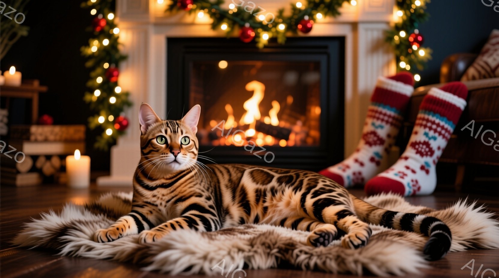 クリスマスツリーとプレゼントが並ぶ室内で、緑の妖精の衣装を着た猫が立っています。猫は片足を上げて少し自慢げな表情を浮かべ、クリスマスの雰囲気を盛り上げています。背景には暖炉と飾られたクリスマスツリーが - AI生成フリー素材