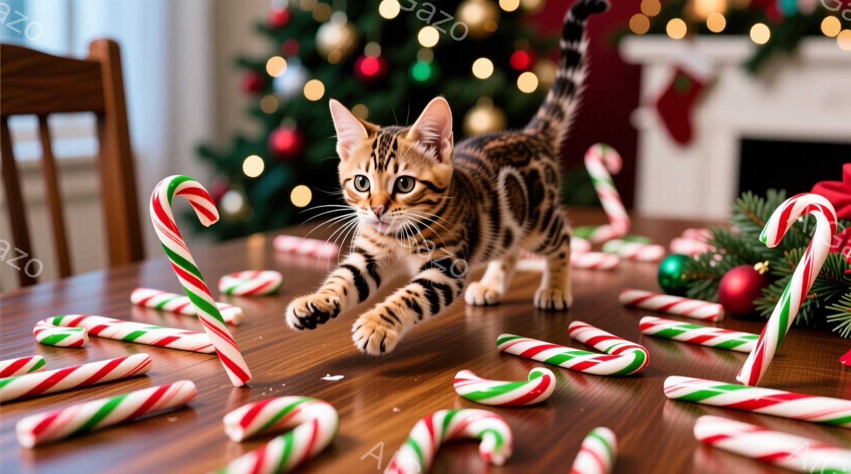 茶色の縞模様の小さな子猫が木製のテーブルの上でキャンディケーンの間を駆け抜けています。背景には、装飾されたクリスマスツリーと暖炉が見え、お祝いの雰囲気を醸し出しています。暖色系の照明とキャンドルが暖か - AI生成フリー素材