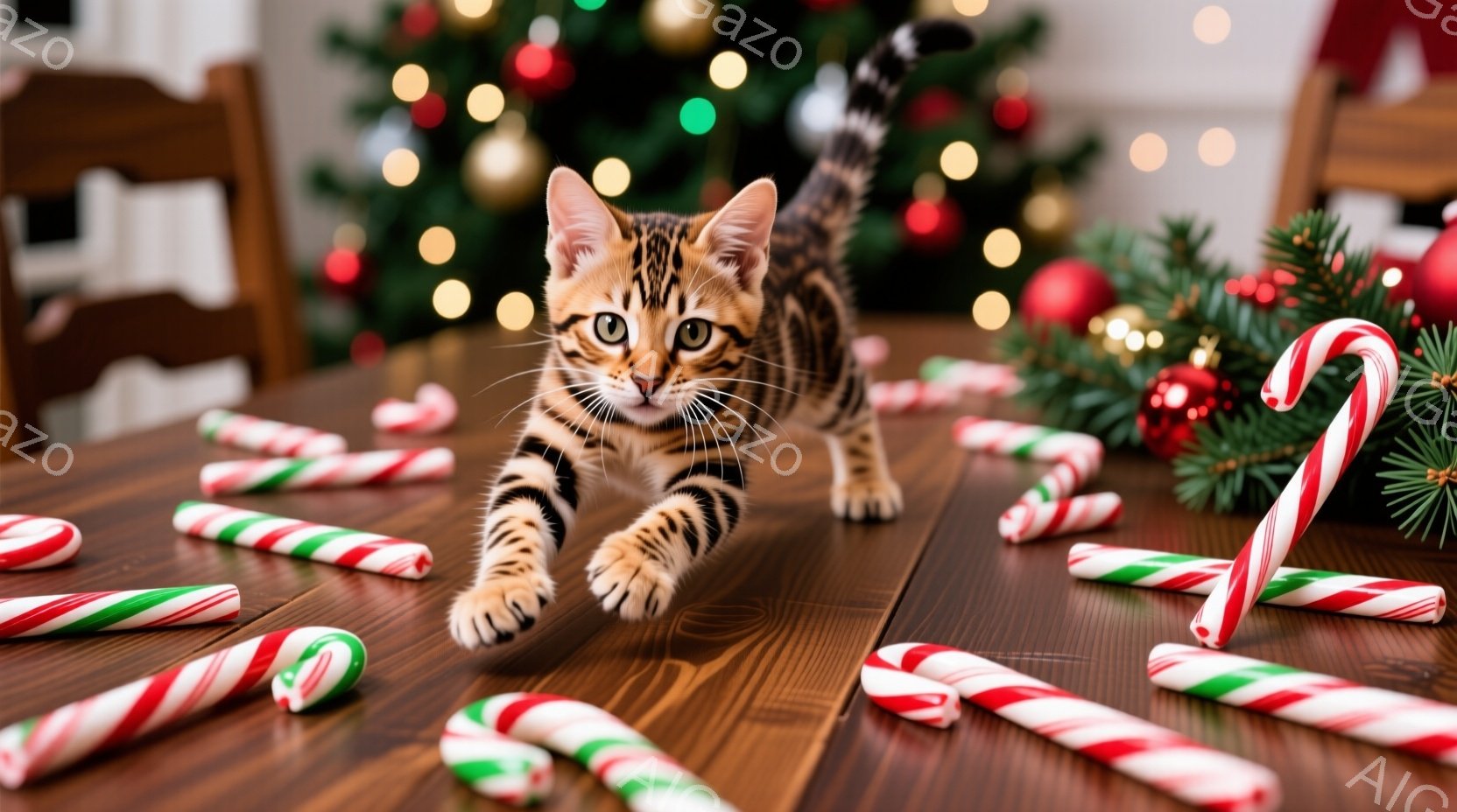 茶色と黒の縞模様の小さな子猫が木製のテーブルの上を勢いよく走り抜けている。テーブルの上には赤と白のキャンディケーンが散らばっており、背景にはクリスマスツリーのぼやけた緑と赤い飾りが見える。全体的に、遊 - AI生成フリー素材