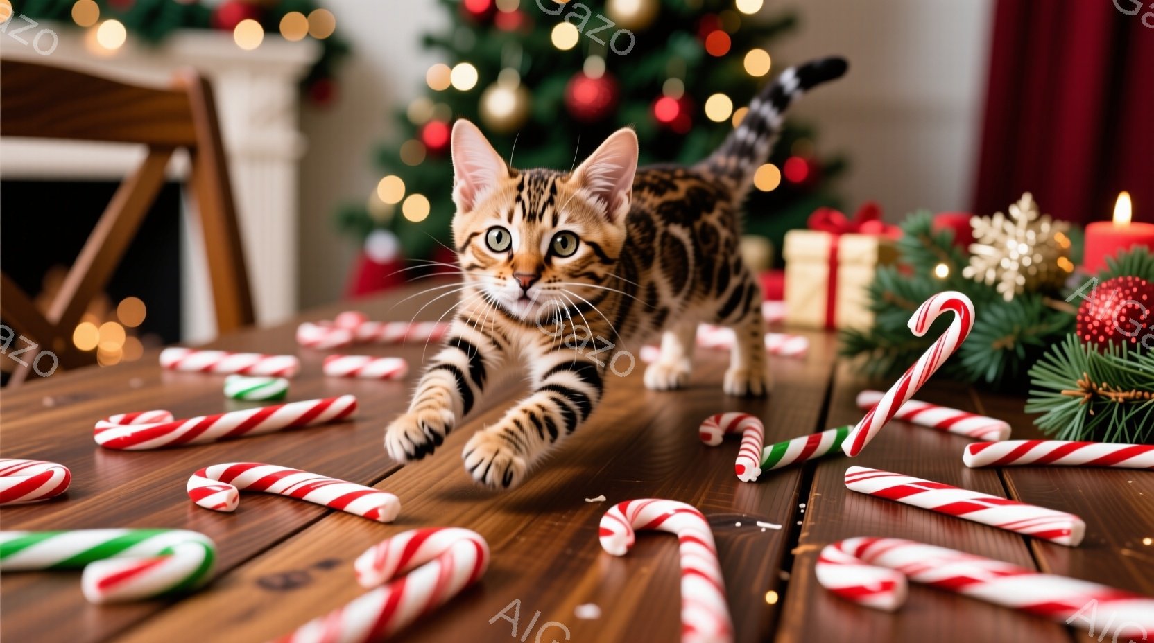 明るい木製のテーブルの上に、縞模様の小さな子猫がキャンディケーンの間を駆け抜けています。背景には、飾り付けられたクリスマスツリーとプレゼント、そしてぼんやりとした暖炉が見え、温かくお祝いの雰囲気です。 - AI生成フリー素材