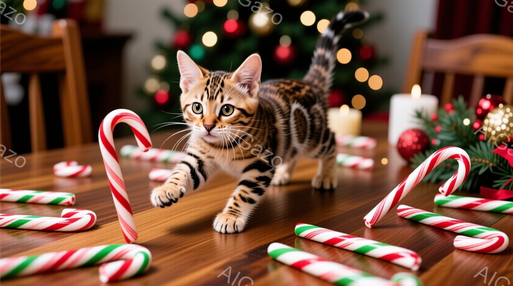 茶色と黒の縞模様の小さな子猫が、キャンディケーンが散らばった木のテーブルの上を、前足を伸ばして駆け寄る様子が写っています。背景にはぼやけたクリスマスツリーとキャンドルがあり、温かくお祝いの雰囲気です。 - AI生成フリー素材