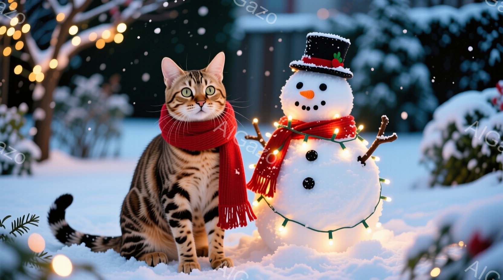 縞模様の猫が赤いマフラーを巻いて雪の上に座っており、正面にはイルミネーションで飾られた雪だるまが立っている。背景には雪に覆われた木々や建物が見え、夜景のような暖かい光が全体を照らしている。この光景は、 - AI生成フリー素材