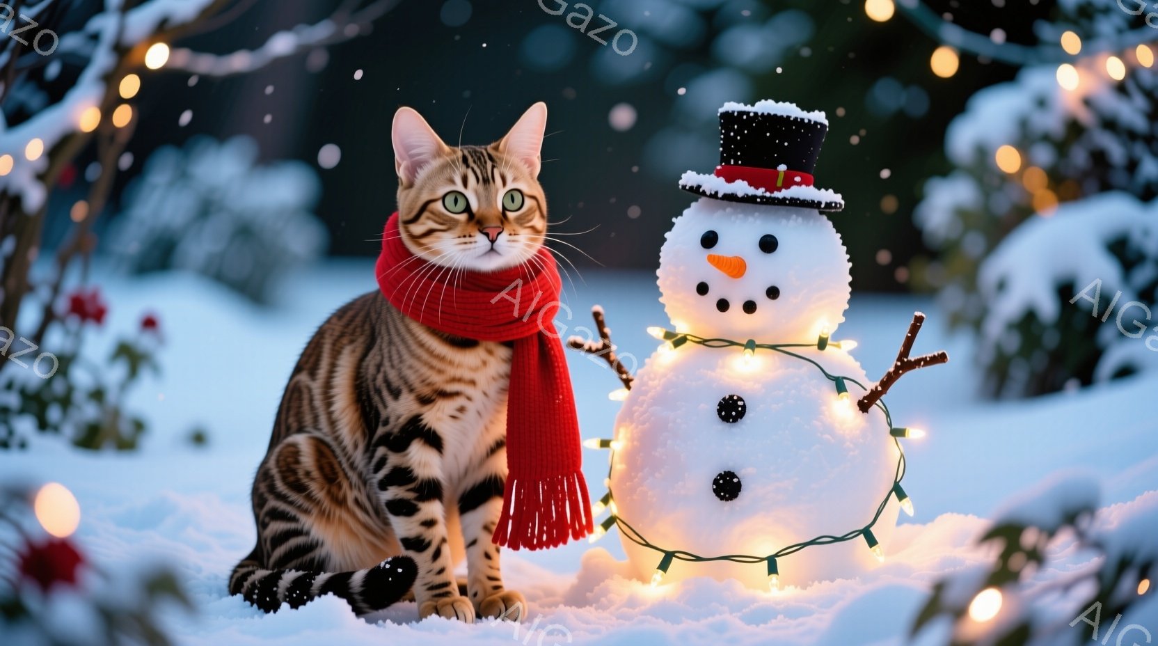 茶色のベンガル猫が雪の上に座り、赤いスカーフを巻いています。雪だるまが猫の隣に立っており、小さな帽子をかぶり、オレンジ色の鼻と石炭のような目で飾られています。背景には雪景色が広がり、ぼんやりとした光が - AI生成フリー素材