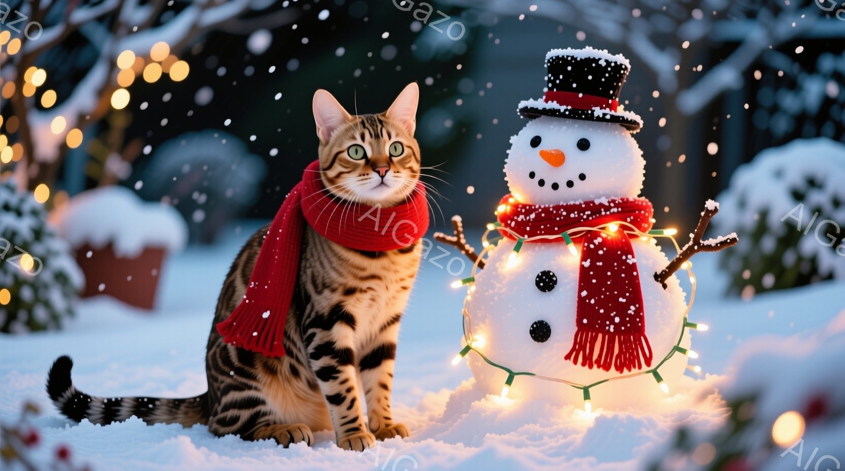 斑模様の猫が、クリスマスオーナメントでいっぱいの籐のバスケットの中に横たわっています。猫はリラックスした表情で、緑色の瞳が印象的です。背景にはぼやけたクリスマスツリーが見え、全体的に温かく、お祝いの雰 - AI生成フリー素材