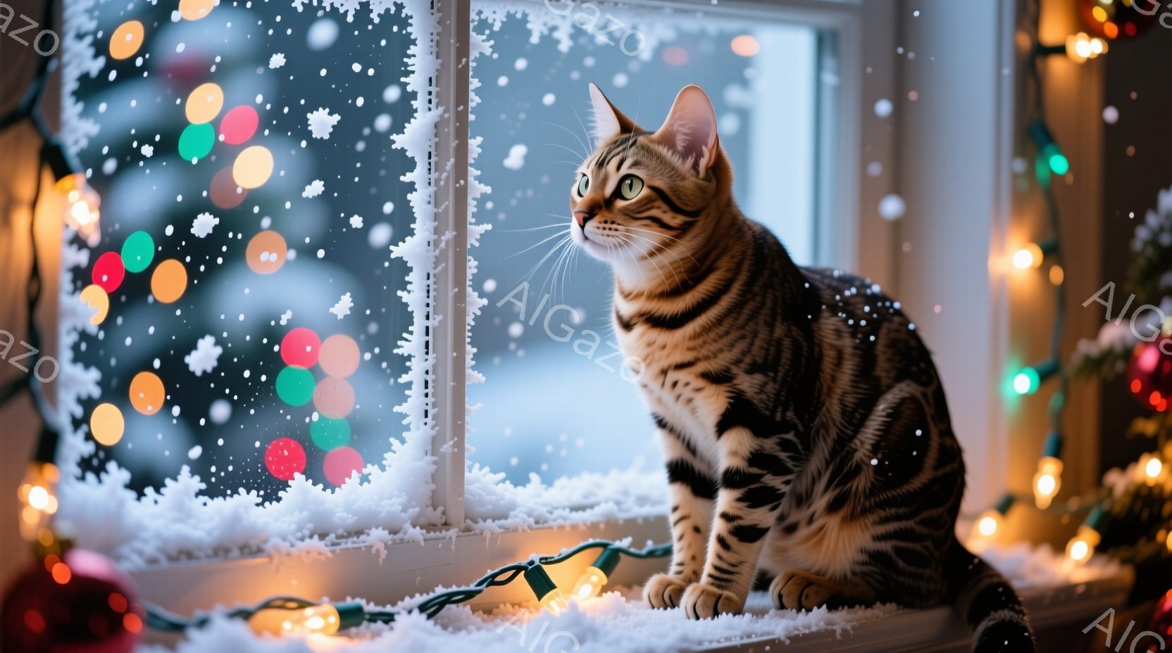 茶色の縞模様の猫が、雪が降る窓辺に座って外を見つめている。窓枠には白い雪が積もり、カラフルなイルミネーションライトが猫の周りを飾り付けている。背景はぼやけた雪景色で、暖かい室内とのコントラストが冬の穏 - AI生成フリー素材