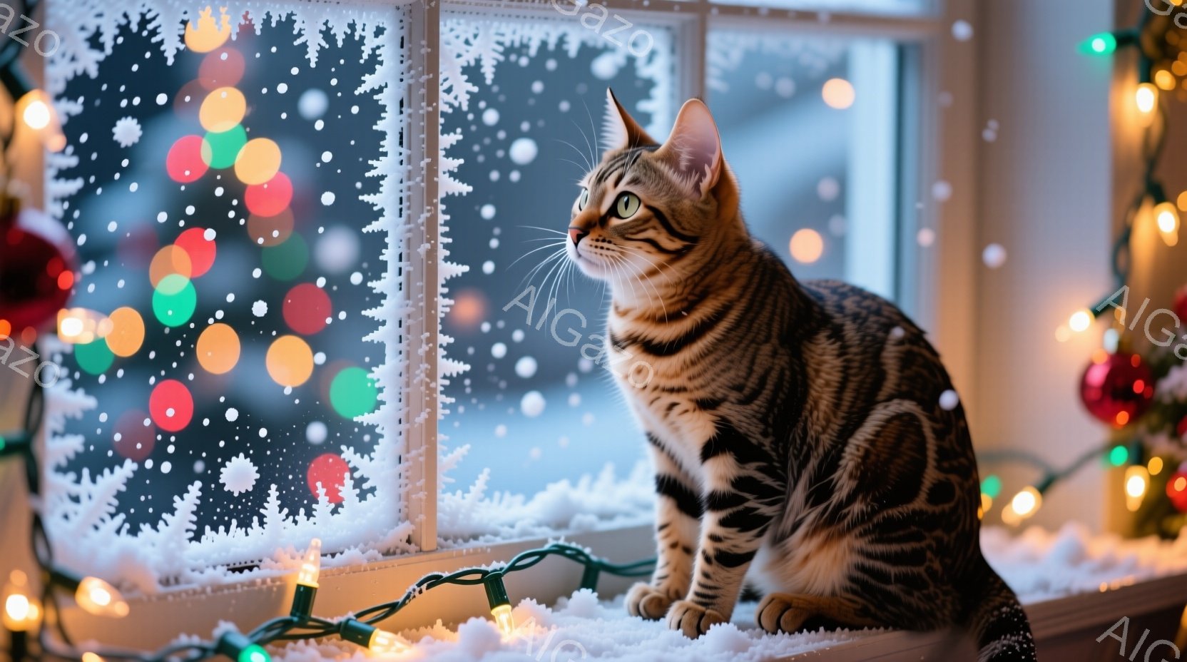 屋根の上には、サンタ帽と赤いマントを身につけた縞模様の猫が座っています。猫は前をまっすぐ見つめており、その表情はどこか自信に満ちています。背景には雪に覆われた屋根と、温かい光を放つクリスマスライトが散りばめられ、冬の暖かい雰囲気を醸し出しています。