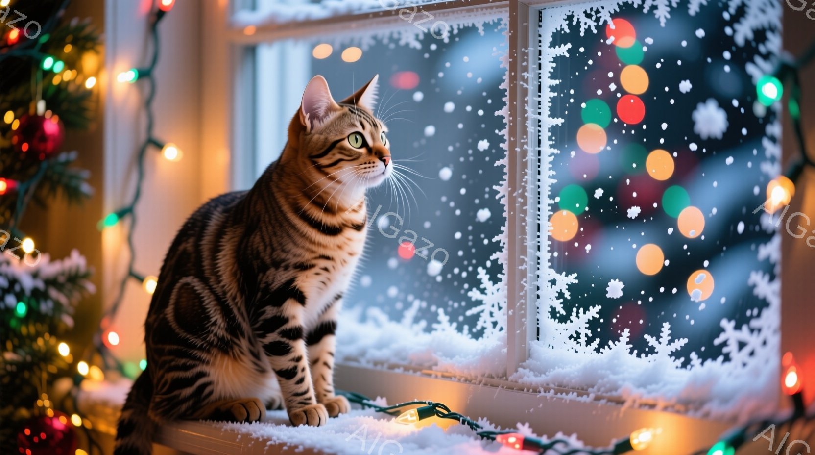 斑模様の猫が窓辺に座り、外を見つめています。窓の外は雪景色で、ぼやけたクリスマスツリーのライトが輝き、冬の暖かく穏やかな雰囲気を醸し出しています。猫はリラックスした姿勢で、好奇心と安らぎを感じさせます - AI生成フリー素材