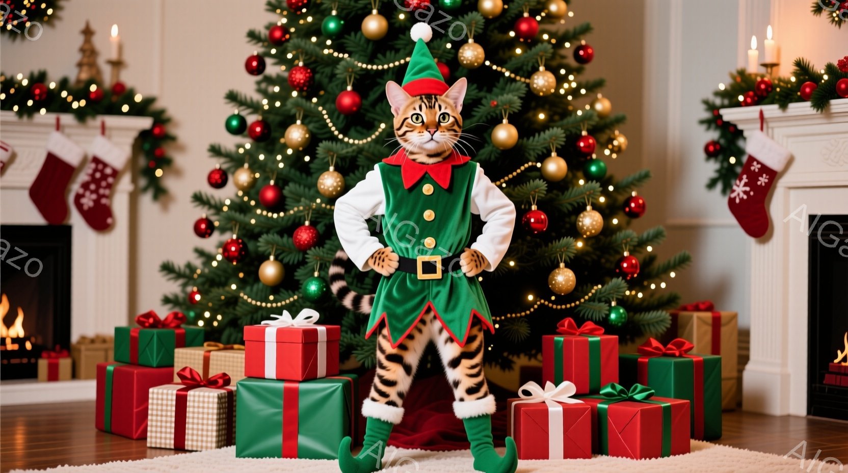 縞模様の猫が、クリスマスのエルフの衣装を着て立っています。緑色の服に赤いトリミングがあり、足元には緑色の靴、頭にはエルフ帽をかぶっています。背景には、色とりどりのプレゼントの山と、飾り付けられたクリス - AI生成フリー素材