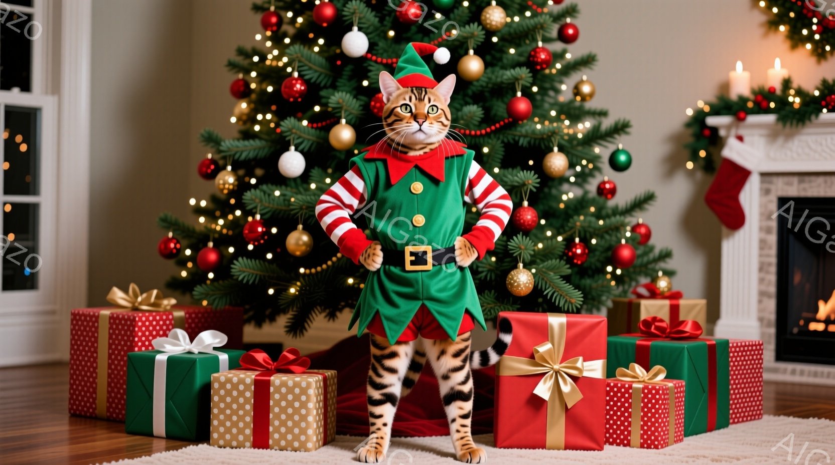 縞模様の猫が、緑色のエルフの衣装を着て、プレゼントの山の上に立っています。猫は誇らしげな表情で前足を組み、クリスマスツリーと暖炉のある暖かい室内が背景にあります。プレゼントは赤、緑、金色の包装紙で飾ら - AI生成フリー素材