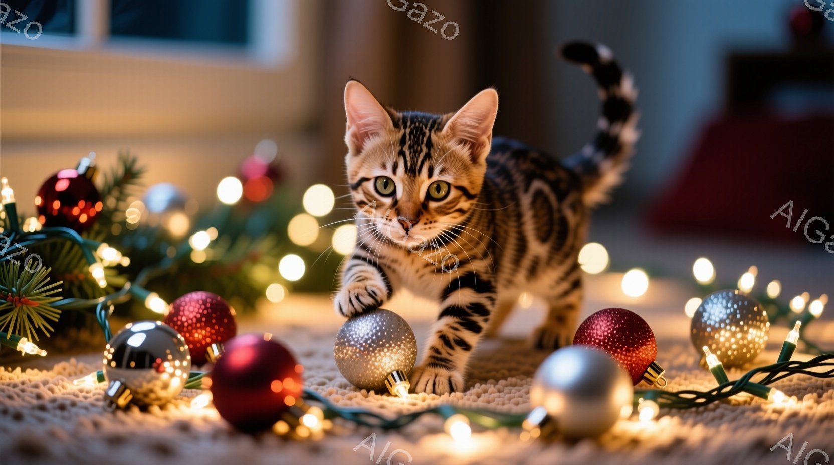 縞模様の小さな子猫が、クリスマスオーナメントと電飾の間を駆け抜けている。背景にはぼやけた緑のクリスマスツリーと、暖色系の光が散りばめられた室内が広がっており、華やかで遊び心のある雰囲気を醸し出している。子猫の表情は遊び心に満ちており、その姿は可愛らしいクリスマスの光景をさらに引き立てている。