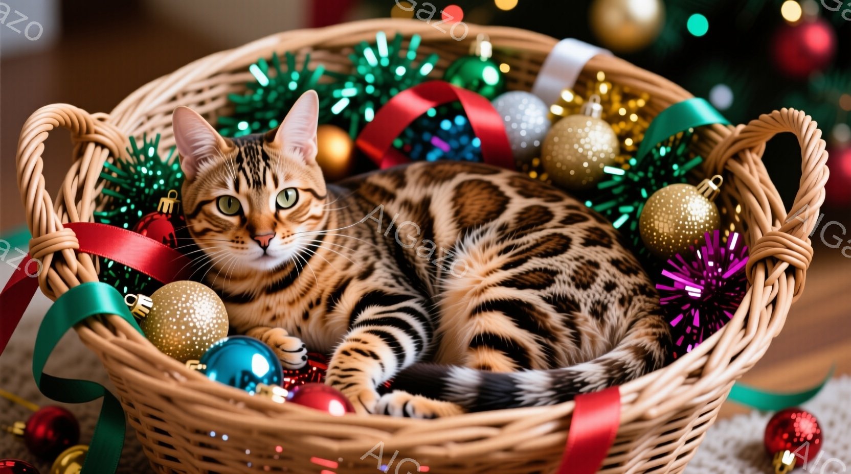 籠の中に、模様のある茶色のトラ猫が丸まって横たわっています。猫は落ち着いた表情で、前方に少し視線を向けています。籠の中には、赤、緑、金色のクリスマスオーナメントやリボンが散りばめられており、背景はぼや - AI生成フリー素材