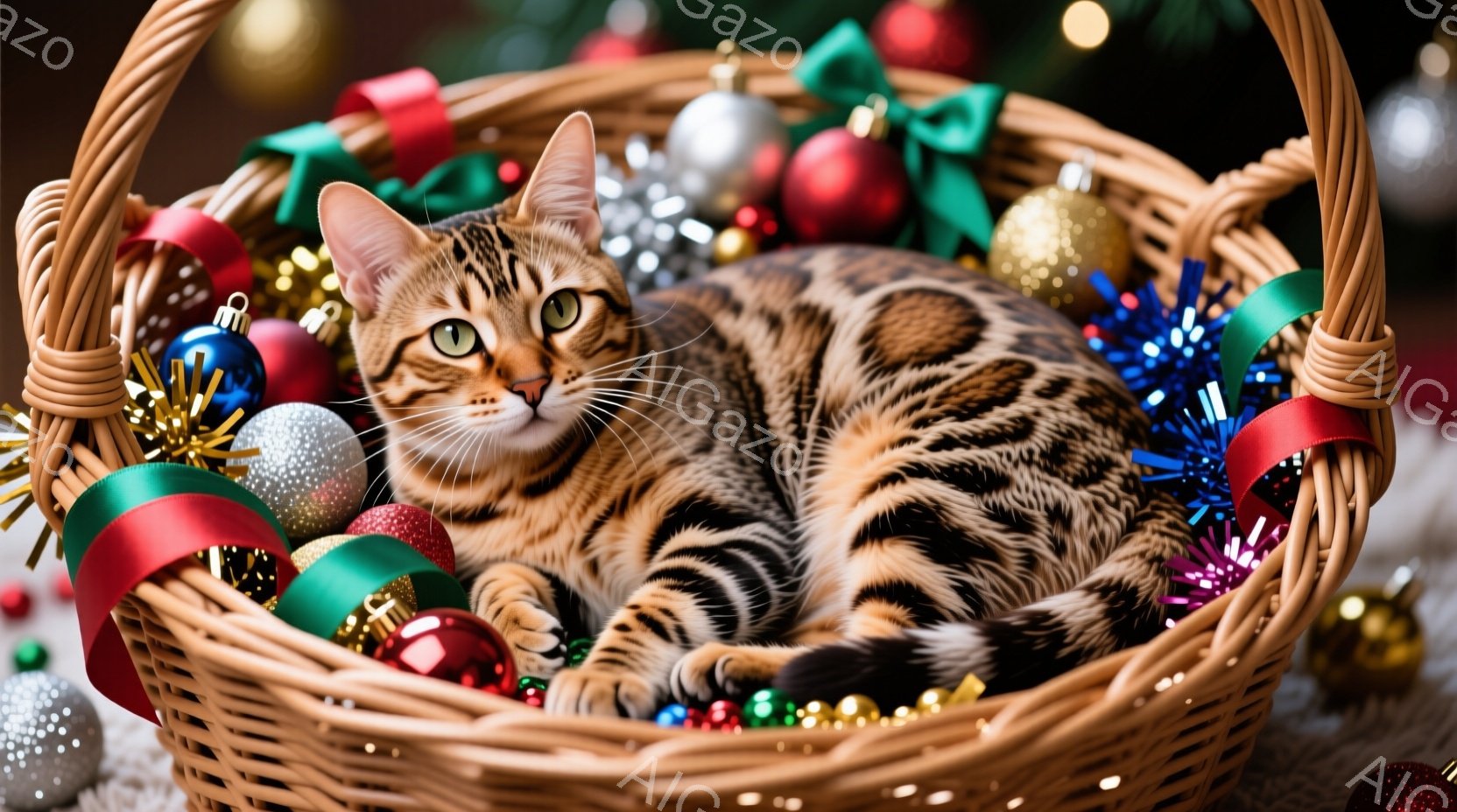 縞模様の大きな猫が、クリスマスオーナメントでいっぱいの籐のバスケットの中に横たわっています。猫はリラックスした表情で、緑色の目をカメラに向けています。背景には、ぼやけたクリスマスツリーやオーナメントが - AI生成フリー素材