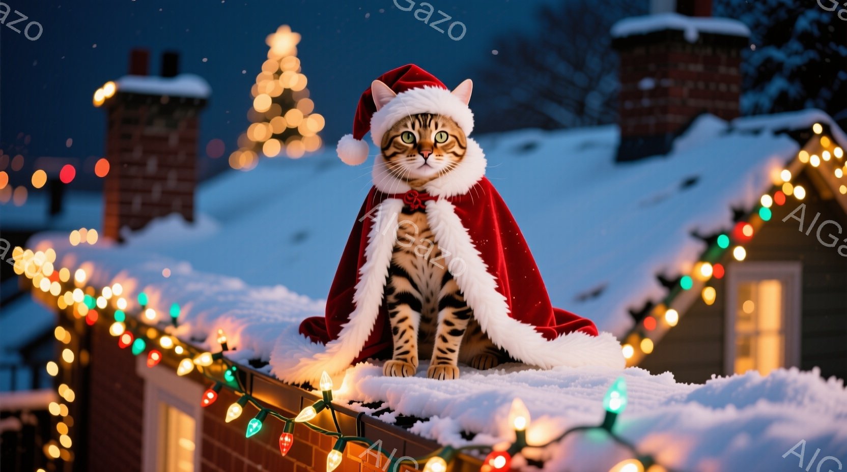 白い毛並みをした猫が、赤いサンタの帽子とマントを身につけ、屋根の上で座っている。背景には雪景色が広がり、家の屋根にはカラフルなイルミネーションが飾られている。暖かく、お祝いの雰囲気が漂う、冬の夜の穏や - AI生成フリー素材