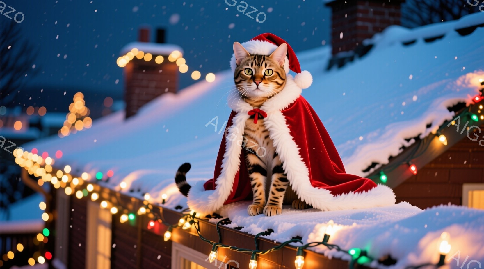 白い雪で覆われた屋根の上に、クリスマスのサンタの帽子と赤いマントを身につけた縞模様の猫が座っています。猫は前をまっすぐ見つめており、少し真剣な表情をしています。背景には、雪に覆われた家々と、きらめくクリスマスライトが暖かく輝き、冬の穏やかなクリスマスの雰囲気を醸し出しています。