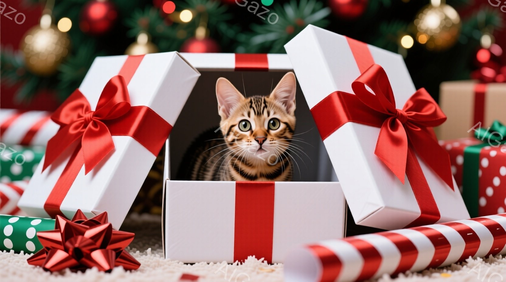 白地に赤いリボンで飾られたプレゼントボックスの中から、縞模様の猫が顔を出しています。猫は好奇心旺盛な表情でカメラを見つめており、その周りには他のプレゼントや赤いストライプの包装紙が散らばっています。背 - AI生成フリー素材