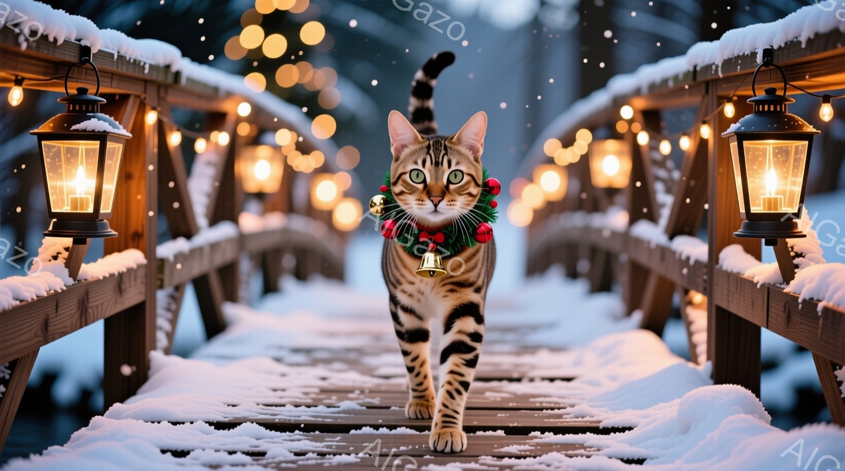 白い雪に覆われた木の橋の上を、首に赤いクリスマスリースをつけた茶色のトラ猫が正面を見据えながら歩いている。背景にはぼんやりと輝く電飾と雪景色が広がり、冬の温かく幻想的な雰囲気を醸し出している。猫の表情 - AI生成フリー素材