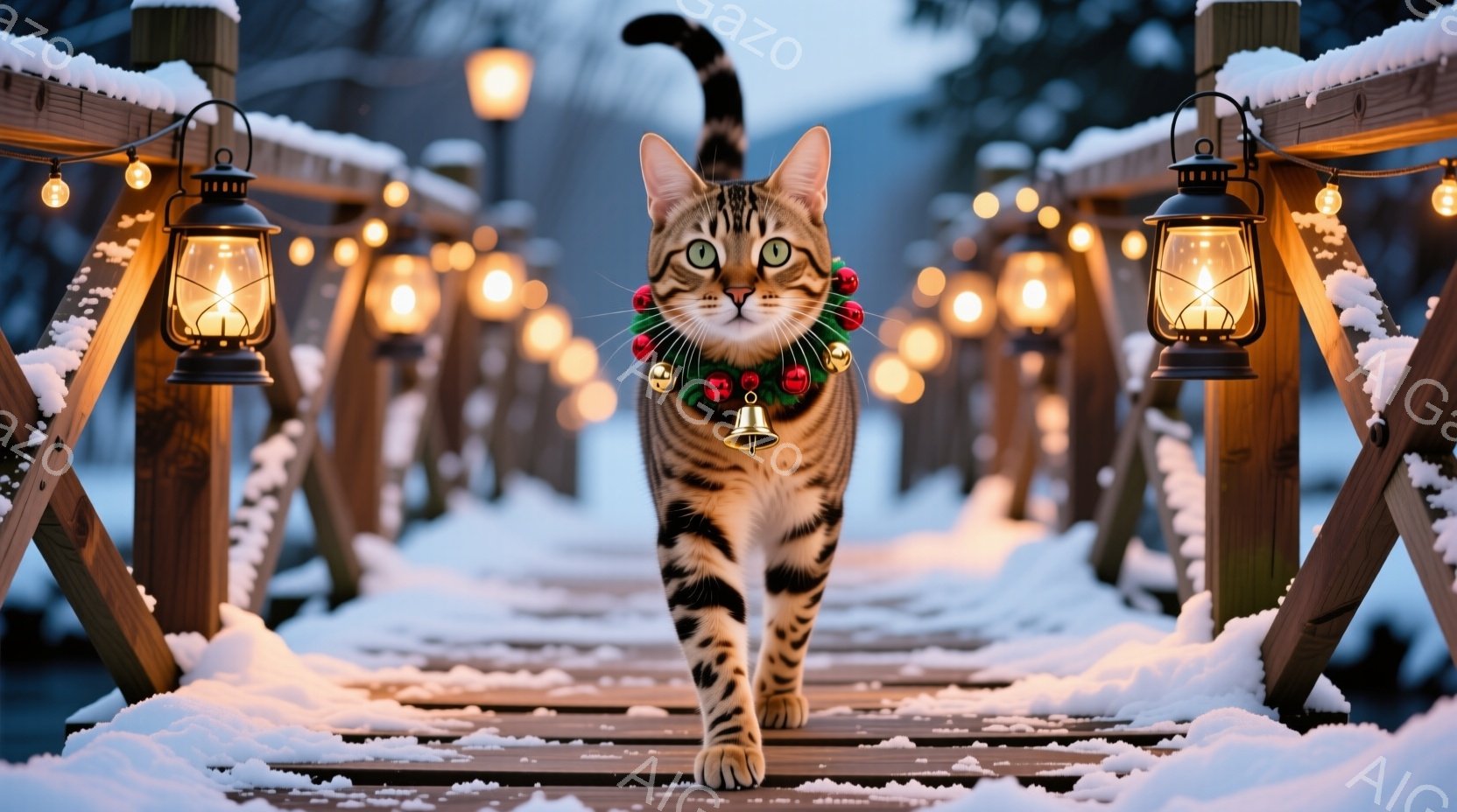 縞模様の猫が雪に覆われた木製の橋の中央を堂々と歩いている。赤いクリスマス装飾と鈴が付いた首輪をつけており、カメラに向かって少し鋭い表情をしている。背景には、点灯したランタンが並び、雪景色が広がっており - AI生成フリー素材