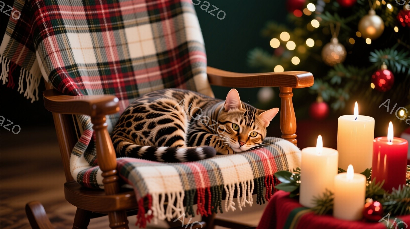 縞模様の猫が、赤いチェック柄のブランケットがかけられたロッキングチェアに丸まって眠っています。背景にはクリスマスツリーのぼんやりとした光と、点灯したキャンドルの暖かい光が灯っており、冬の穏やかで心地よ - AI生成フリー素材