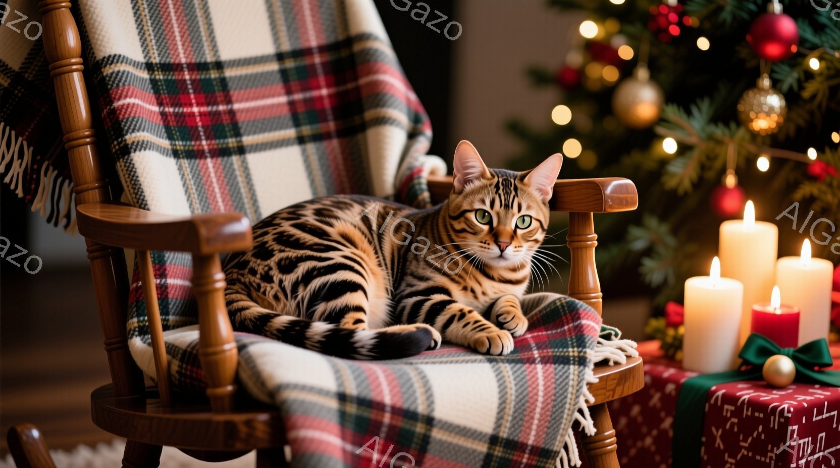 茶色と黒の縞模様の猫が、赤いチェック柄のブランケットが掛けられた木製のロッキングチェアにゆったりと横たわっています。背景には、キラキラと光るクリスマスツリーと、点灯したキャンドル、プレゼントが置かれて - AI生成フリー素材