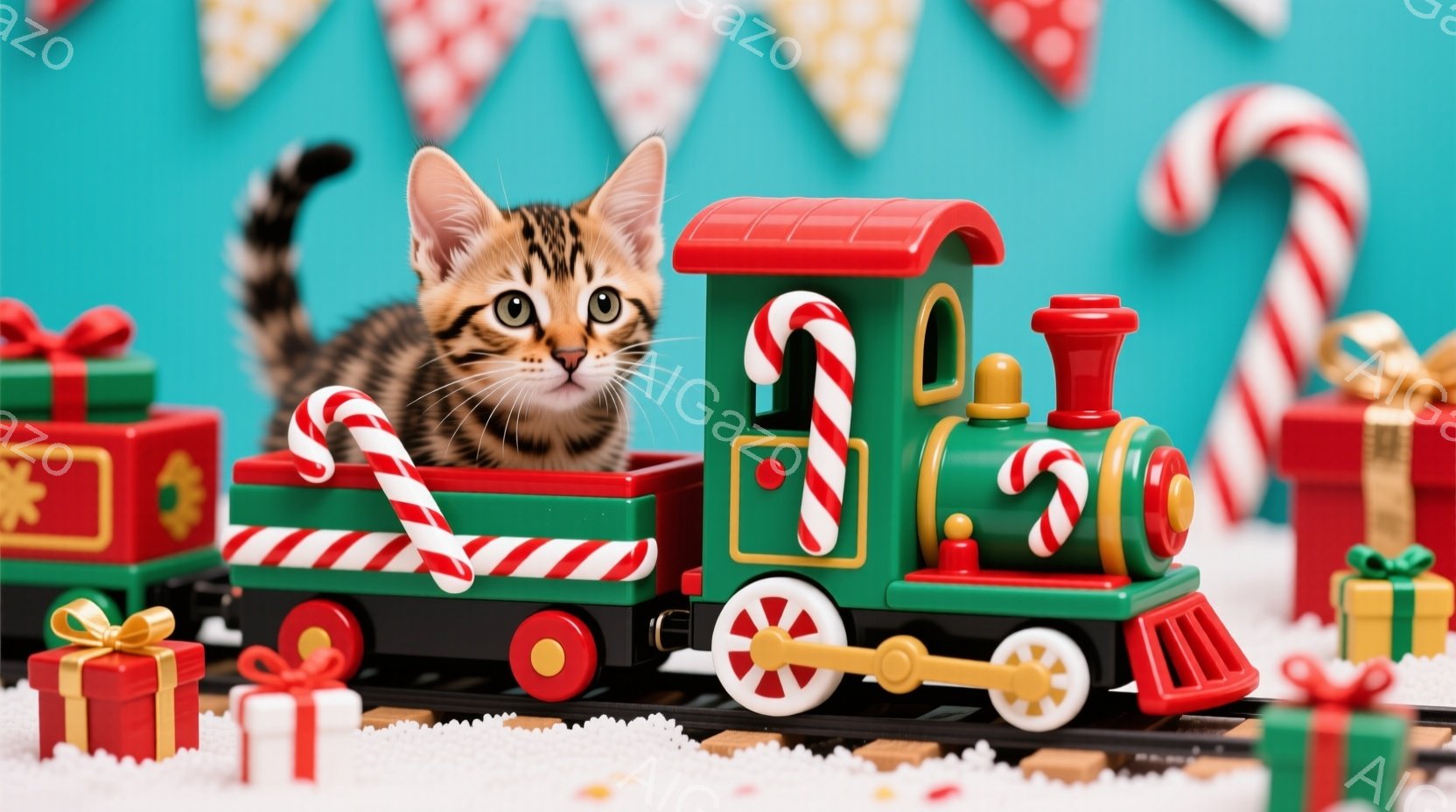 温かい色合いの木製のテーブルの上に、ジンジャーブレッドクッキーとミルクが入ったグラスが並べられています。テーブルの下からは、好奇心旺盛な表情でこちらを見つめる縞模様の猫の顔が覗いています。背景は暗緑色の壁で、全体的に暖かく、遊び心のあるクリスマスの雰囲気を醸し出しています。