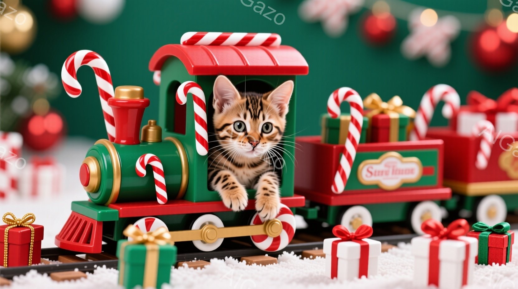 小さな縞模様の子猫が、クリスマスの飾りで装飾されたおもちゃの列車の先頭車両から顔を出しています。列車は赤と緑のストライプで飾られ、キャンディケーンが取り付けられています。背景には雪景色と、カラフルな包装紙で包まれたプレゼントの山が積まれ、温かくお祝いムードに満ちています。