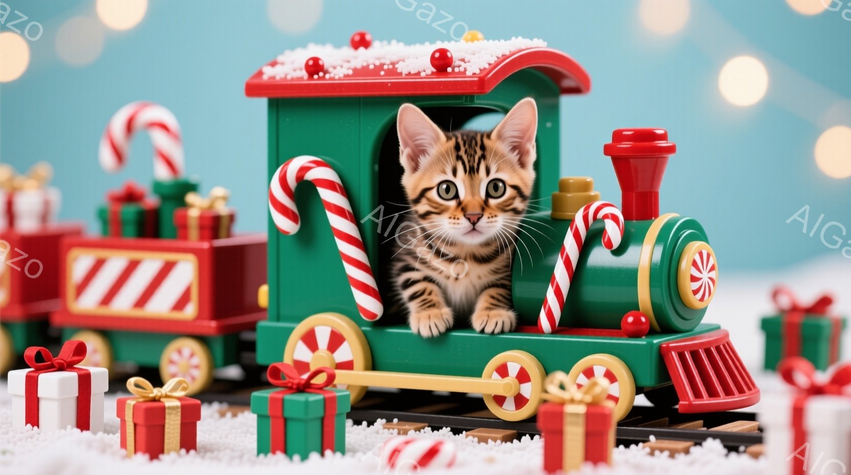 茶色の縞模様の小さな子猫が、緑色の玩具の機関車の運転席から顔を出しています。機関車の周りにはプレゼントが積み重ねられ、雪が降る冬の背景が広がっています。暖かく、遊び心にあふれたクリスマスの雰囲気を感じ - AI生成フリー素材