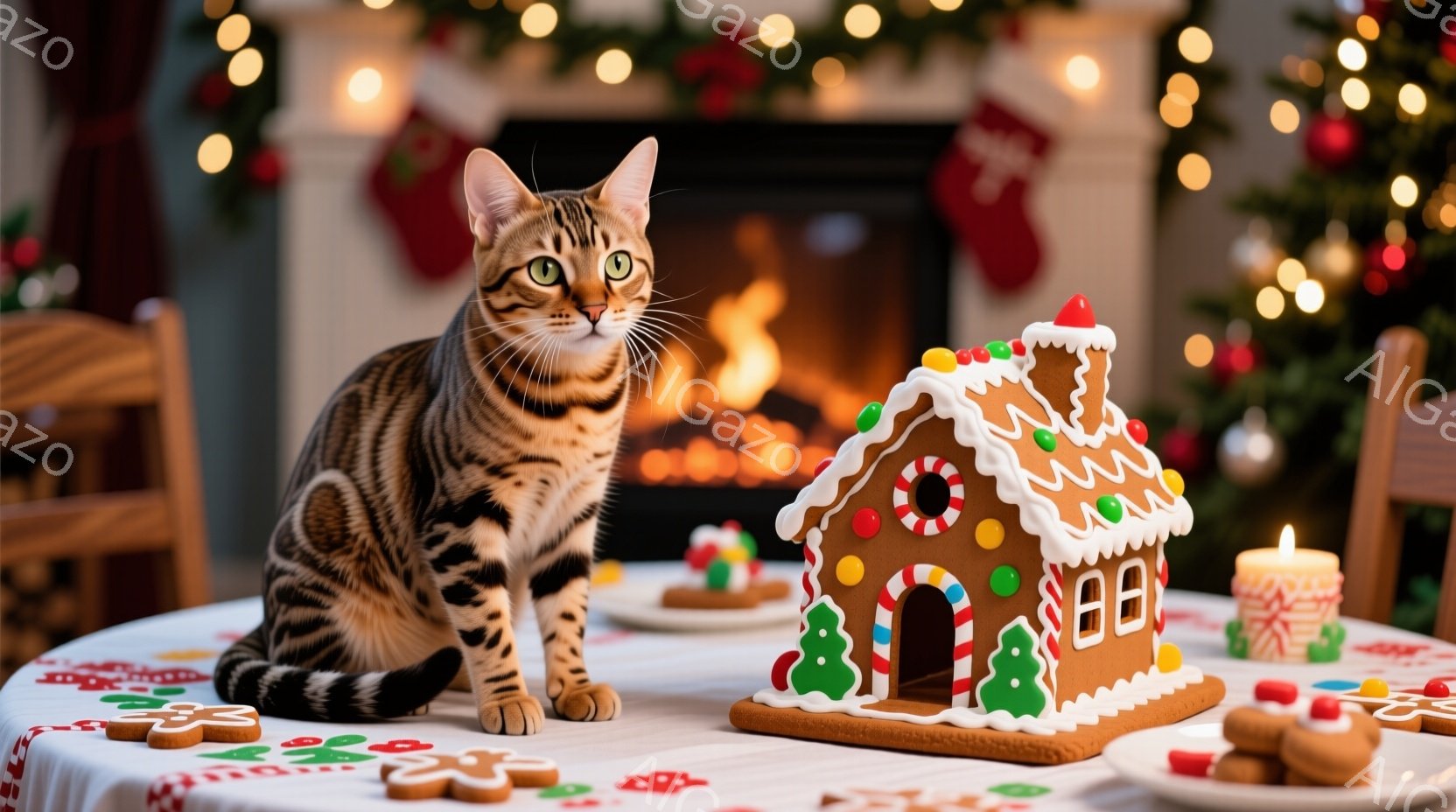 テーブルの上には、ジンジャーブレッドハウス、クッキー、キャンドルが飾られ、その手前に縞模様の猫が座っています。猫は前足を揃え、まっすぐ前を見て、少し物憂げな表情を浮かべています。背景には暖炉とクリスマスツリーがぼやけて見え、温かく、お祝いの雰囲気が漂っています。