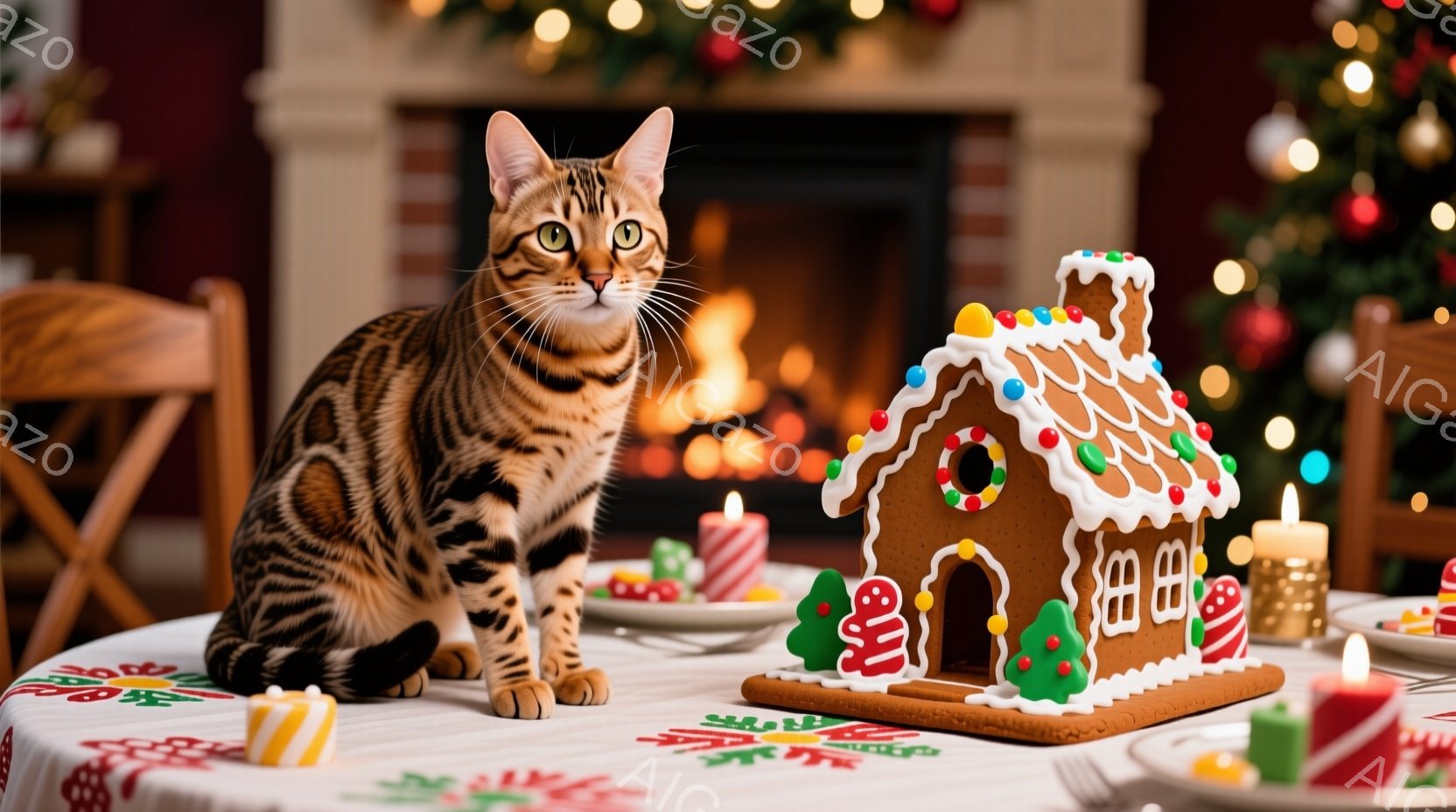 明るい室内で、斑模様の猫がテーブルに座って正面を見つめている。テーブルの上には、キャンディやアイシングで飾られたジンジャーブレッドハウスや、いくつかのロウソクが置かれている。背景には、暖炉の火が灯り、 - AI生成フリー素材
