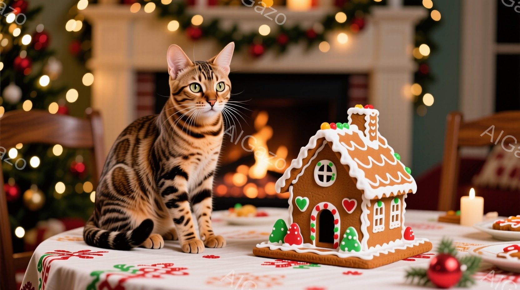 縞模様のベンガル猫が、クリスマスのジンジャーブレッドハウスの隣に座って正面を見つめています。背景には暖炉があり、暖かく、お祝いの雰囲気を醸し出しています。テーブルには、さらに多くのクリスマスのお菓子や装飾が散りばめられており、ホリデーシーズンらしさを強調しています。