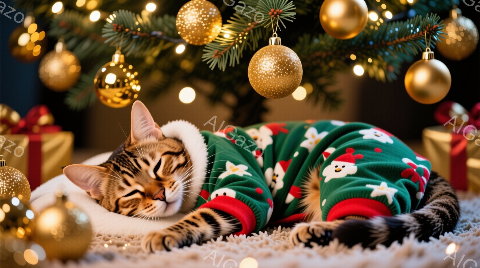 茶色と黒の斑点模様の猫が、赤いクリスマス柄のベッドリネンの上に丸まって横たわっています。猫は前足を揃え、落ち着いた表情でカメラの方を見ています。背景にはぼやけたクリスマスツリーと、暖かい光を放つ電飾が見え、クリスマスの温かく心地よい雰囲気が漂っています。
