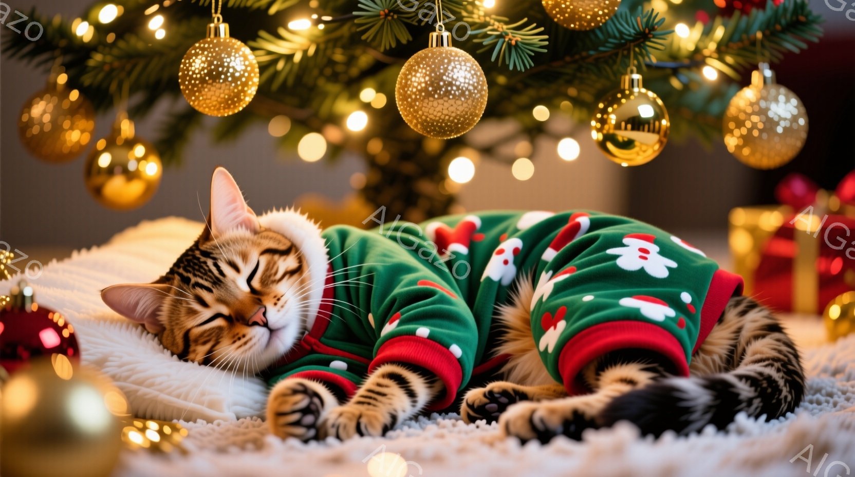 茶トラの猫が、緑色を基調としたクリスマス柄のセーターを着て、白い毛布の上で丸まって眠っています。背景には、キラキラと輝くクリスマスツリーの飾りと、ぼやけたプレゼントの箱が見え、暖かく穏やかな雰囲気が漂 - AI生成フリー素材