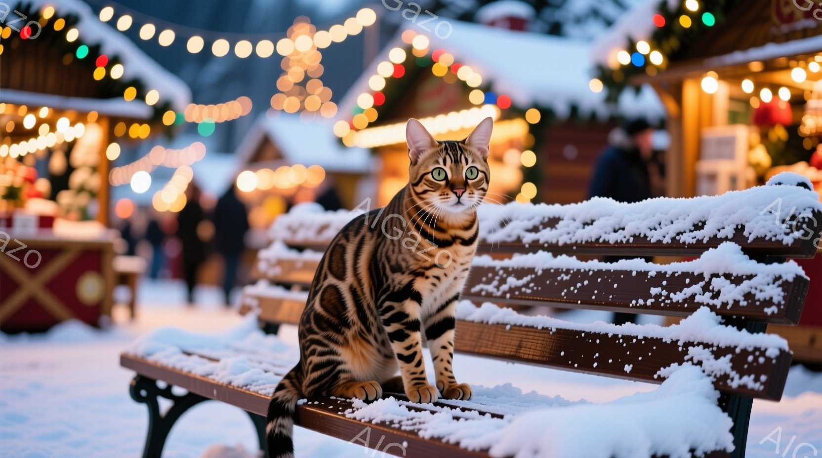 縞模様の猫が雪の積もったベンチに座ってこちらを見ています。背景には、ぼやけたクリスマスマーケットのような賑やかな光景が広がり、建物や屋台が並び、雪が舞っています。全体的に、暖かく、お祭りらしく、そして - AI生成フリー素材