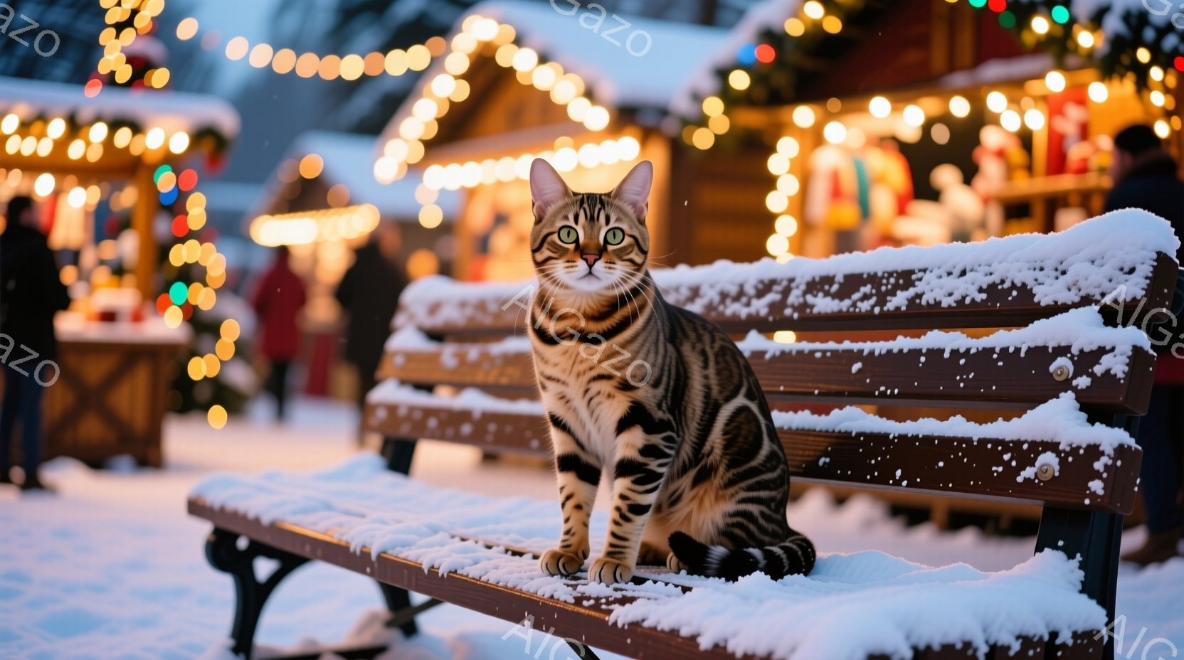 雪が降り積もったベンチに、縞模様の猫が座っています。猫は正面を見ており、落ち着いた表情をしています。背景には、クリスマスマーケットのような賑やかな光景がぼやけて見え、冬の夜の温かい雰囲気が感じられます - AI生成フリー素材