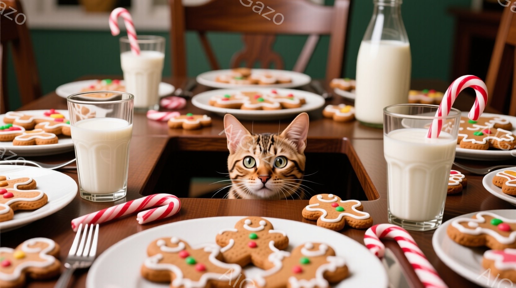 茶色と黒の縞模様の猫が、テーブルの穴から顔を出してこちらを見ています。テーブルの上には、ジンジャーブレッドクッキー、グラスに入ったミルク、キャンディケーンが置かれており、クリスマスやお祝いの準備をして - AI生成フリー素材