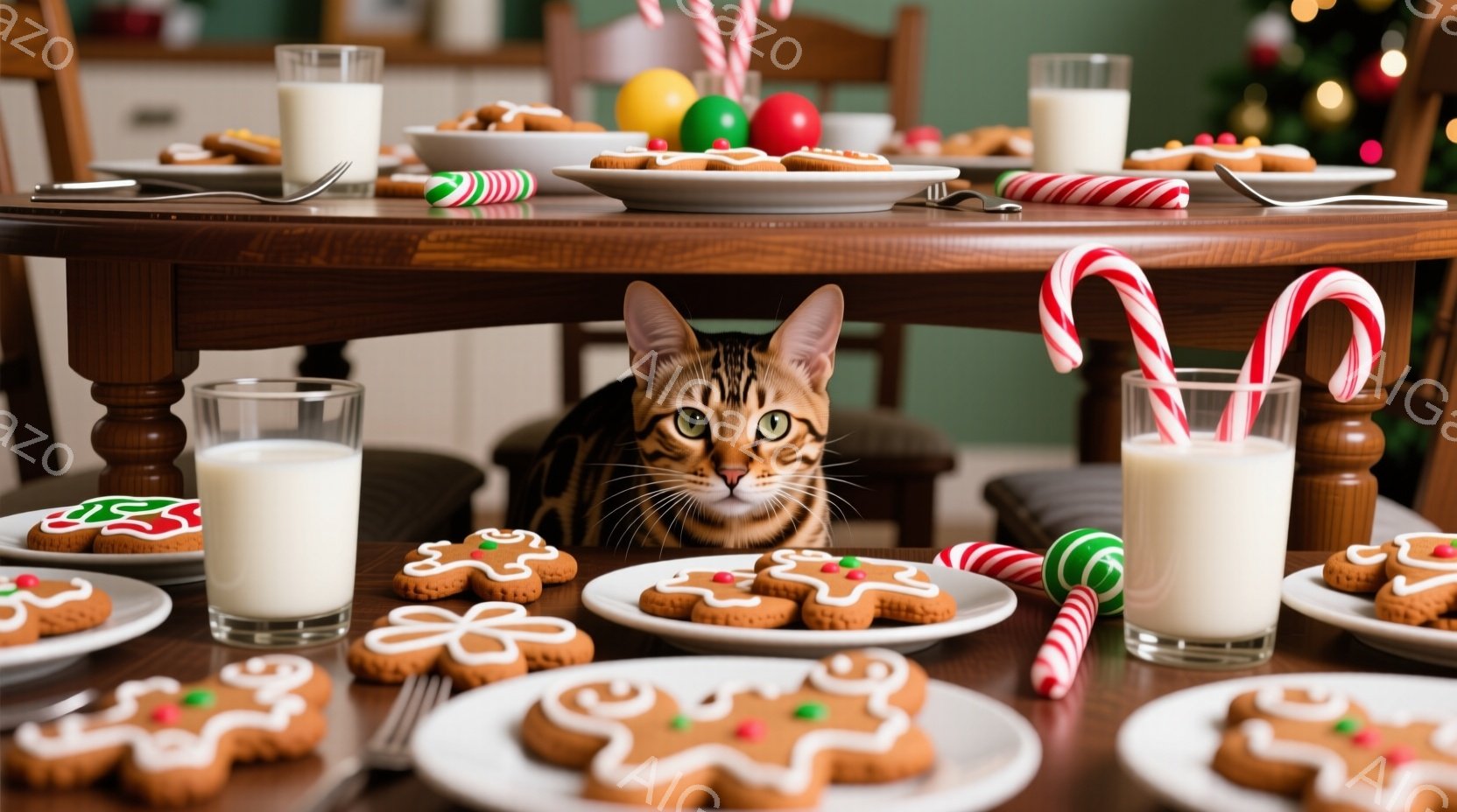 テーブルの上には、アイシングで飾られたジンジャーブレッドクッキーやキャンディケーン、そしてグラスに入った牛乳が並べられています。テーブルの下には、緑色の目をした茶色の縞模様の猫が隠れており、好奇心旺盛 - AI生成フリー素材