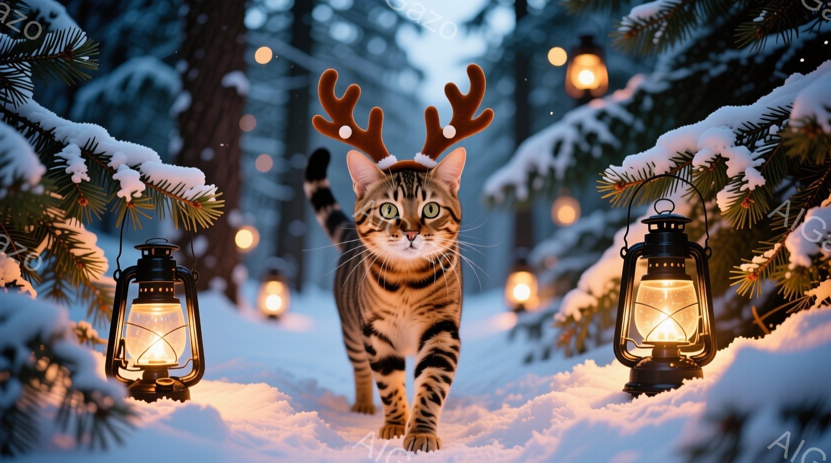 茶色の縞模様の猫が、角の飾りを付けて雪の中をまっすぐこちらに向かって歩いてくる。背景には雪をまとった木々と、暖かく光るランタンが配置され、冬の幻想的な雰囲気を醸し出している。猫は好奇心と自信に満ちた表 - AI生成フリー素材