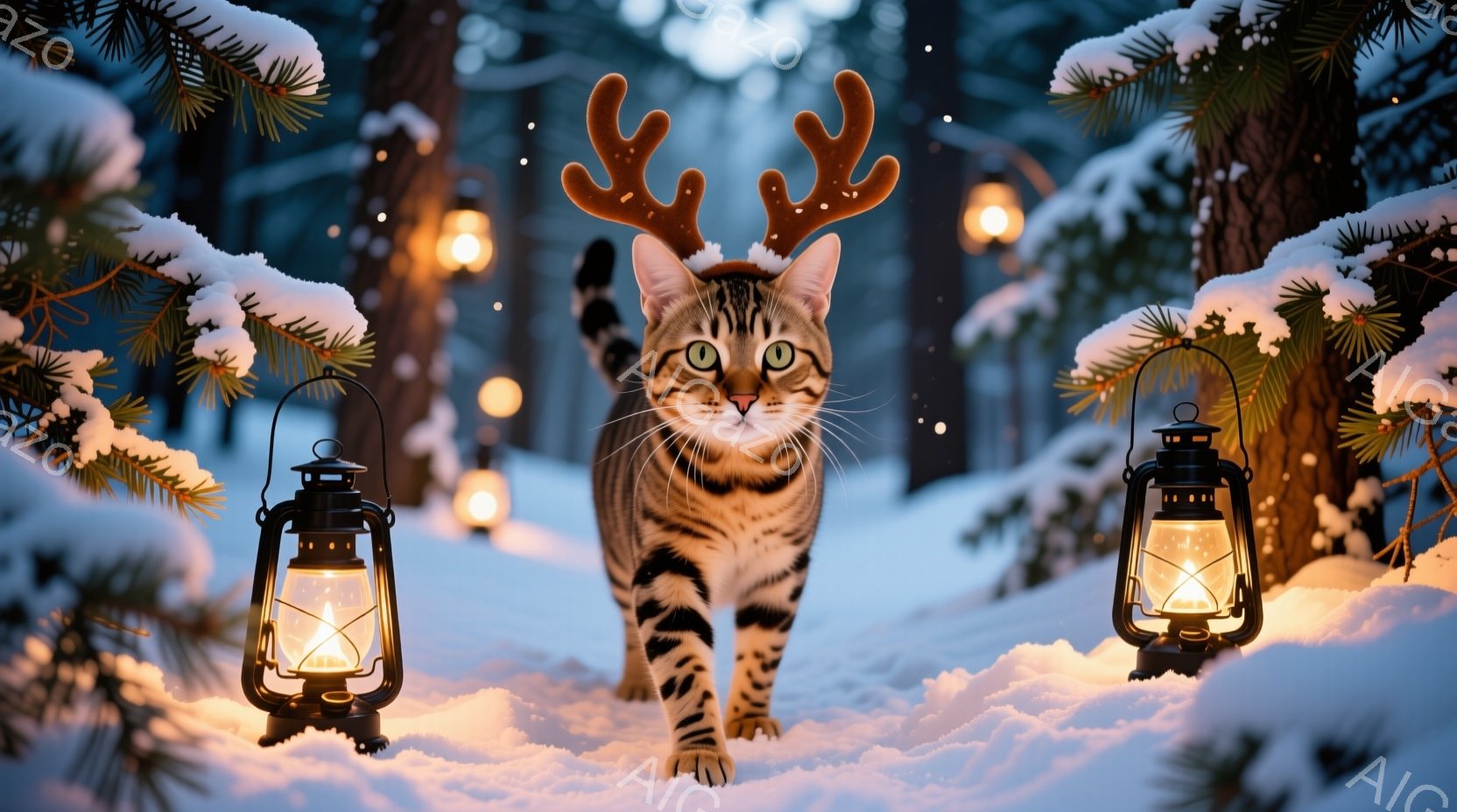 雪景色の中で、鹿の角をつけた縞模様の猫がこちらに向かって歩いてくる。周囲には雪で覆われた木々と、暖かく光るランタンが配置され、幻想的な雰囲気を醸し出している。猫の表情は穏やかで、冬の夜の静けさと温かさ - AI生成フリー素材
