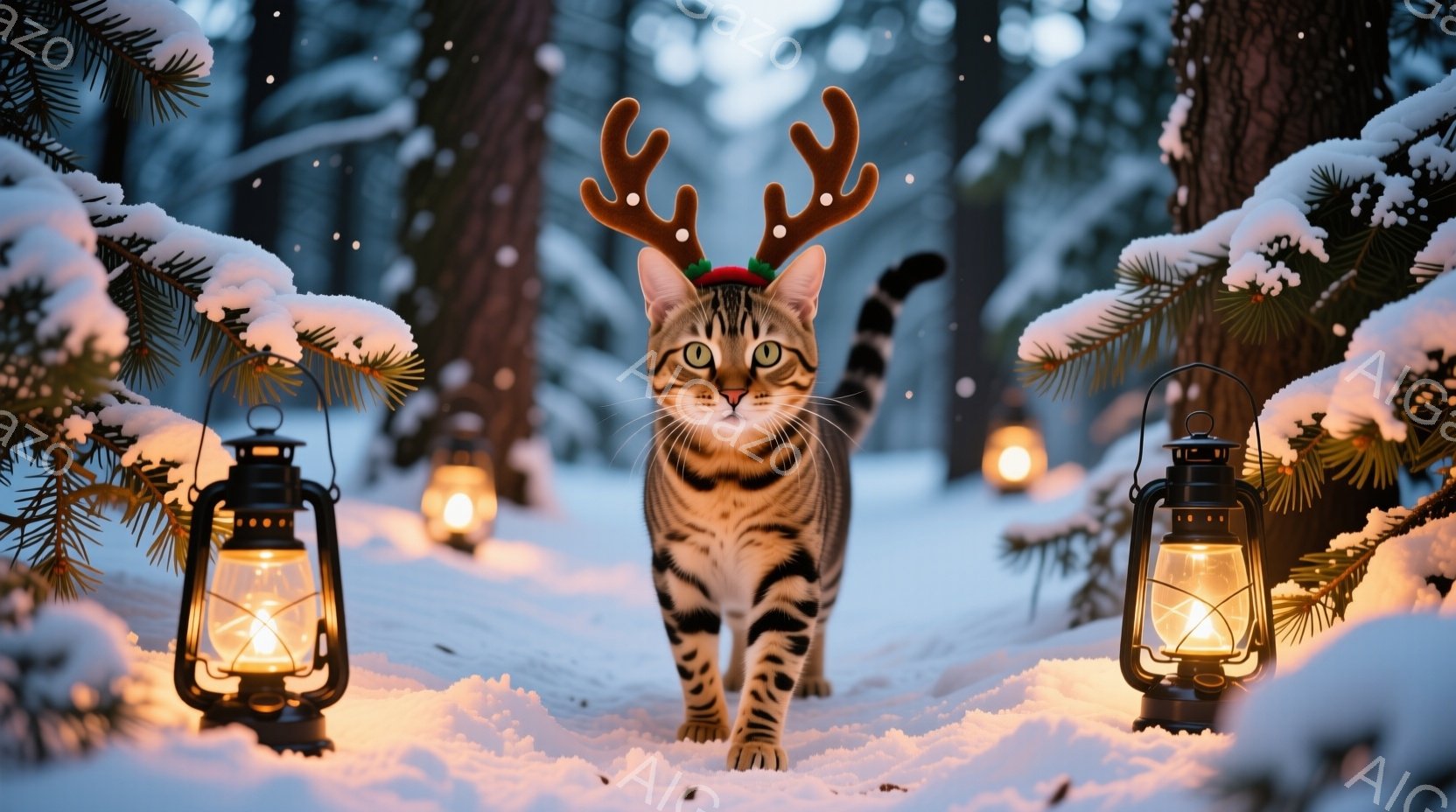 白い雪景色の中、茶色の縞模様の猫が正面を見据えて歩いている。頭にはトナカイの角が生えており、クリスマスの雰囲気を醸し出している。背景には灯りが灯ったランタンが並び、雪が舞う冬の森の幻想的な雰囲気を強調 - AI生成フリー素材