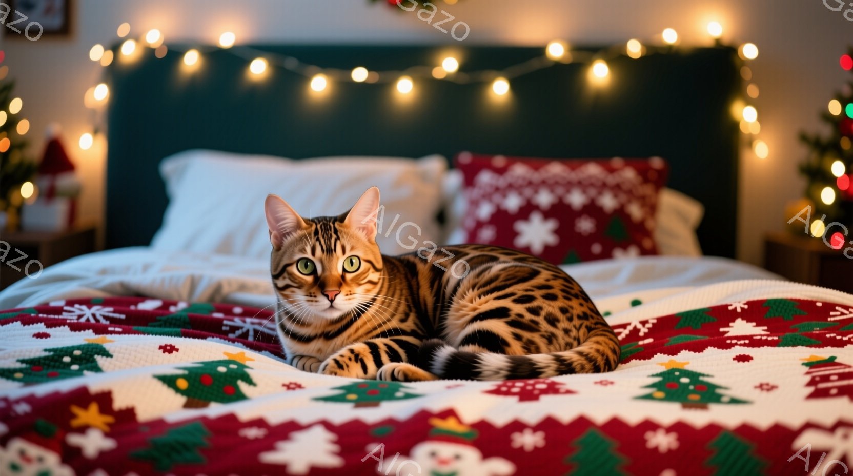 明るい寝室のベッドに、模様の美しいベンガル猫が横たわっています。猫はリラックスした様子で、こちらを見つめ、わずかに口角が上がったような、穏やかな表情をしています。背景には、クリスマスツリーの飾りや電飾 - AI生成フリー素材