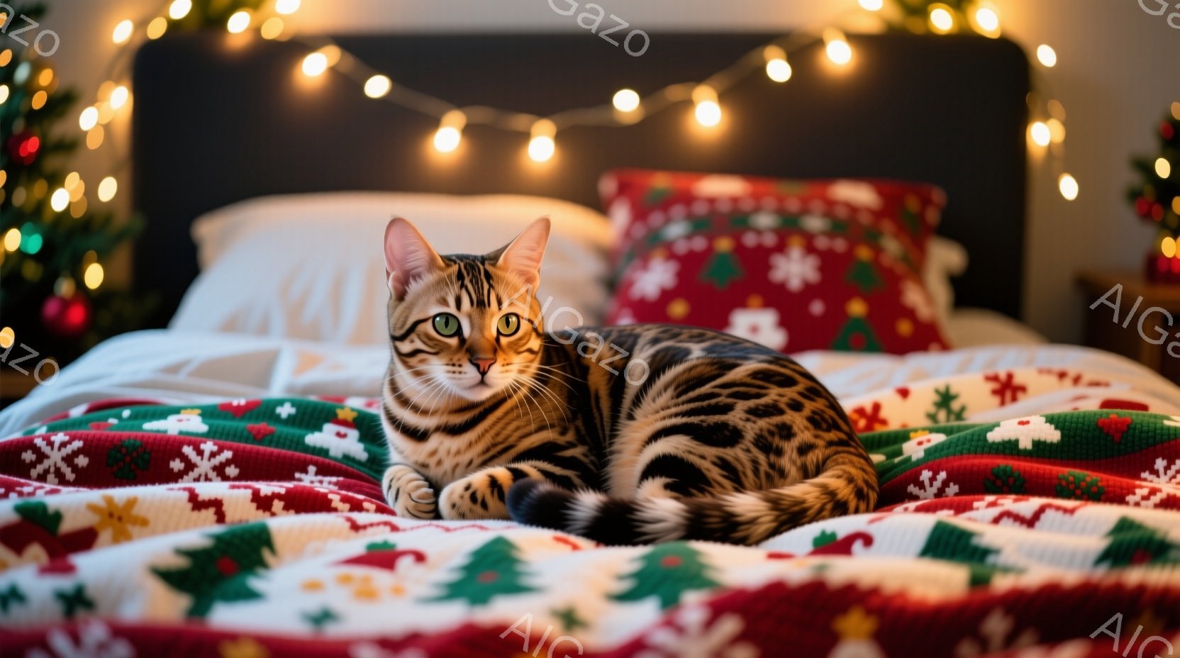 斑模様の猫がクリスマスの柄のベッドシーツの上に横たわっています。猫は前足を揃えてリラックスした表情でカメラを見つめており、緑と赤のクリスマスツリー柄が暖かく、穏やかな雰囲気を醸し出しています。背景には - AI生成フリー素材