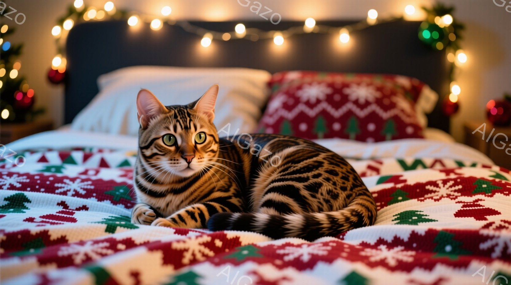 縞模様の猫が、クリスマス柄のベッドカバーの上に横たわっています。その猫はリラックスした表情でカメラを見つめており、毛並みが美しく光沢があります。背景にはぼんやりとクリスマスツリーの緑と、温かい光のガー - AI生成フリー素材