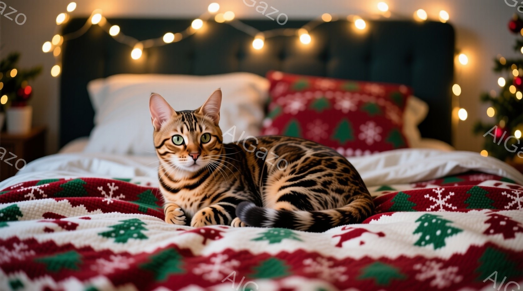 縞模様の猫がクリスマスの柄のベッドシーツの上に仰向けになってリラックスしています。背景にはクリスマスツリーの一部と、暖色系の光が灯ったイルミネーションがぼんやりと見え、部屋全体が温かく、穏やかな雰囲気 - AI生成フリー素材