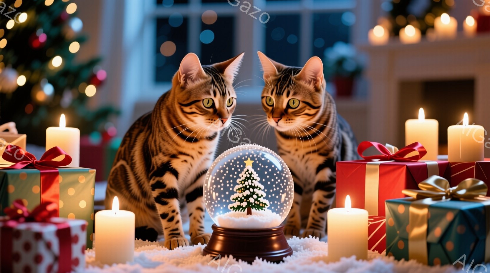 2匹のベンガル猫が、雪の結晶が舞うクリスマスのオーナメント（スノーグローブ）を興味深そうに見つめています。周囲にはラッピングされたプレゼントや、灯されたキャンドルが配置され、白い毛布の上に飾られていま - AI生成フリー素材
