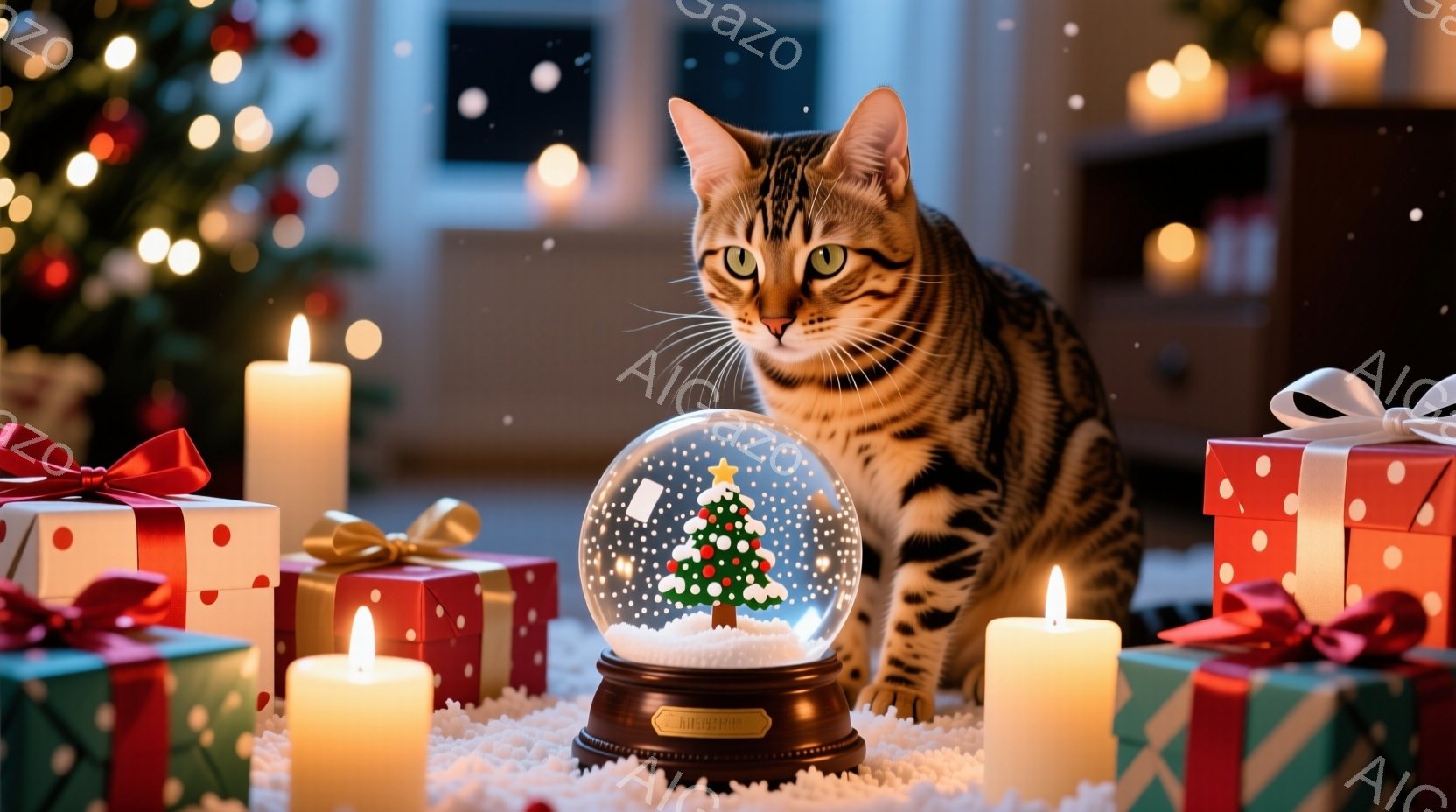 縞模様の猫が、雪の結晶が舞うガラスのドームの中にあるクリスマスツリーのそばに座っています。背景には、色とりどりのラッピングされたプレゼントと、ぼんやりと光るクリスマスツリーのライトがあり、暖かくお祝い - AI生成フリー素材