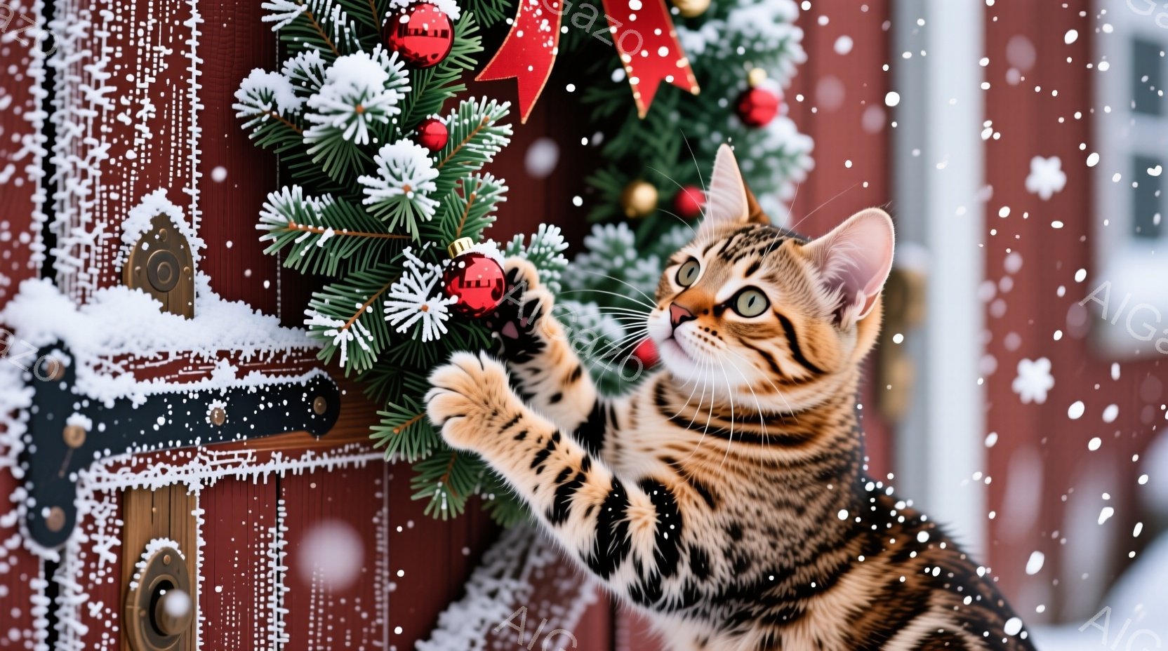 茶色のしま模様の猫が、雪で覆われた赤い木製の背景に飾られたクリスマスツリーのオーナメントを捕まえようとしています。猫は前足を伸ばし、興味津々とした表情でオーナメントを見つめており、雪片が舞い散る冬の雰 - AI生成フリー素材