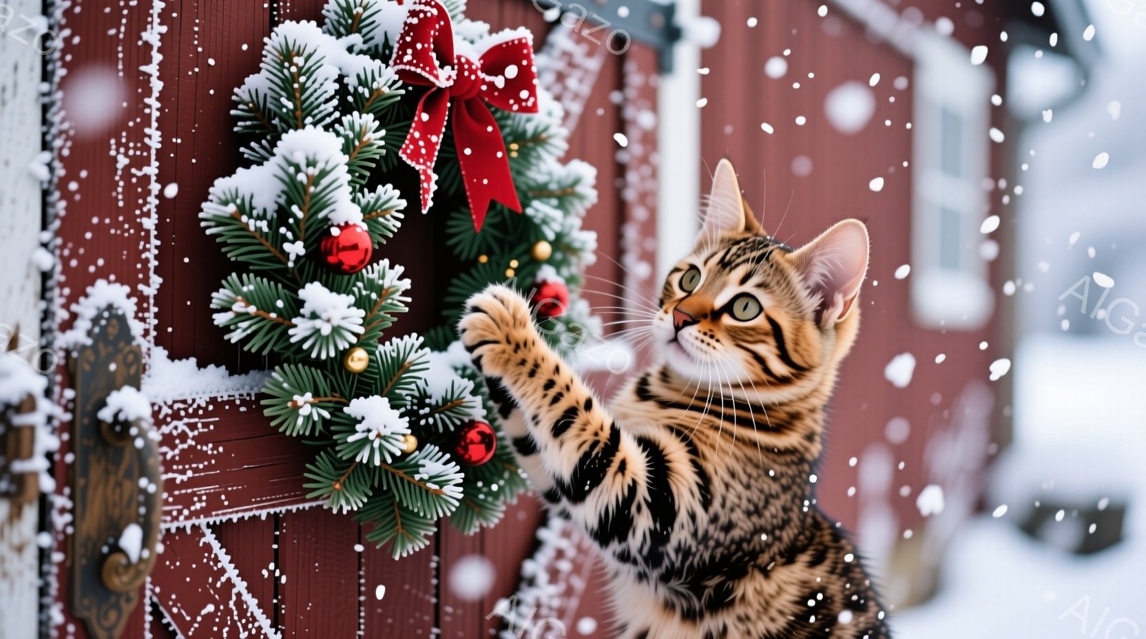 茶トラ猫が赤い背景のドアに飾られたクリスマスリースに前足を伸ばして遊び戯れています。雪が降り積もり、猫の毛並みやリースに白い雪が付着し、冬の暖かい雰囲気を醸し出しています。背景は雪景色で、猫の茶色の毛 - AI生成フリー素材