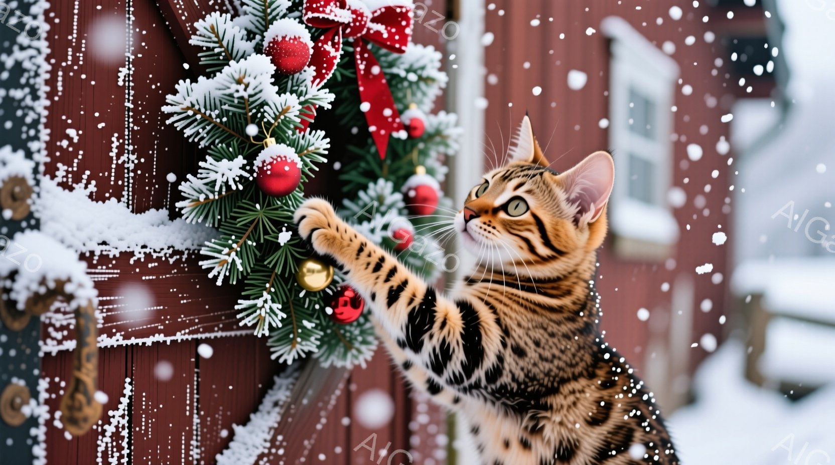 斑模様の猫が、クリスマスデコレーションの松飾りに前足を伸ばして遊び戯れています。背景には雪が積もった赤い木製の壁があり、雪片が舞う冬の風景が広がっています。猫の好奇心旺盛な表情と、暖かな赤色のコントラストが、クリスマスの温かい雰囲気を演出しています。